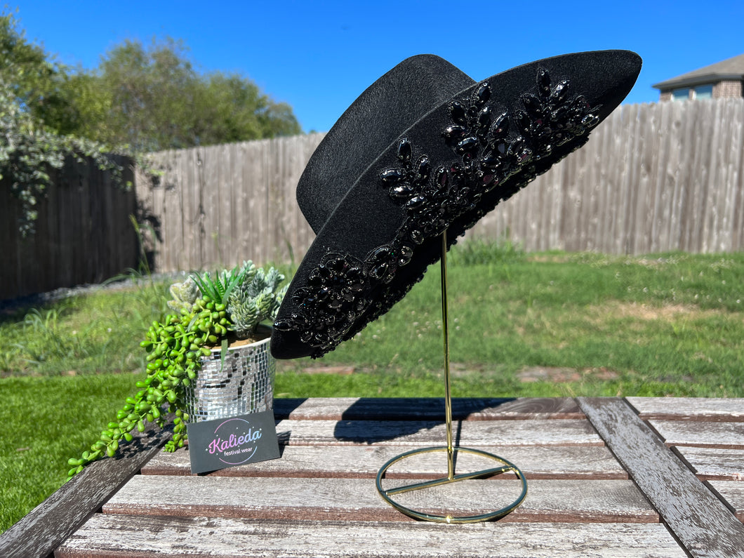 Black Cowboy Hat with Black Rhinestone Flowers