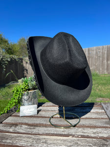 Black Cowboy Hat with Black Rhinestone Flowers